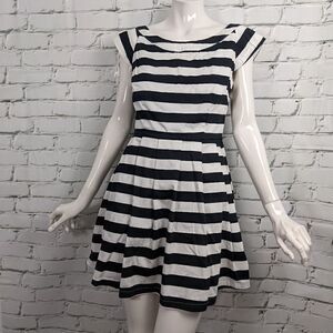 Mink Pink black and white stripe dress pleated skirt pockets low back size small